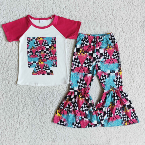 Promotional Plaid Hot Pink Flag Girls Short Sleeve+Trousers Sets