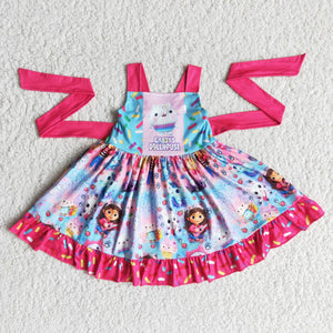 Promotional Cartoon Hot Pink Girls Patchwork Dress