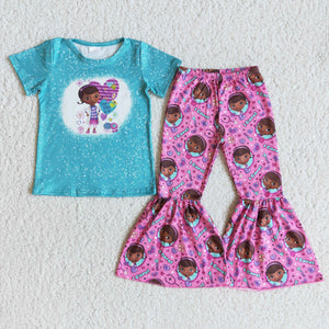 Promotional Cartoon Girls Short Sleeve+Trousers Sets