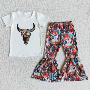 Promotional Cow Head Cactus Girls Short Sleeve+Trousers Sets