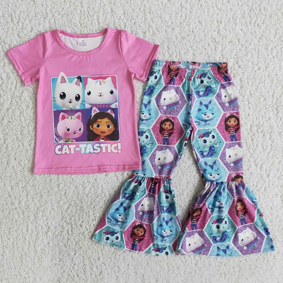 Promotional Cartoon Pink Blue Girls Short Sleeve+Trousers Sets