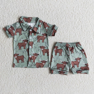 Cow Yak Green Boys Short Sleeve Pajamas