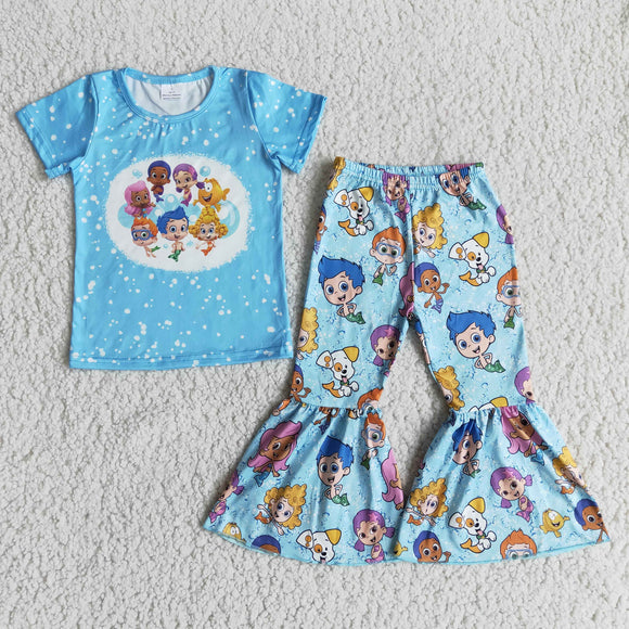 Promotional Cartoon Fish Dogs Girls Short Sleeve+Trousers Sets