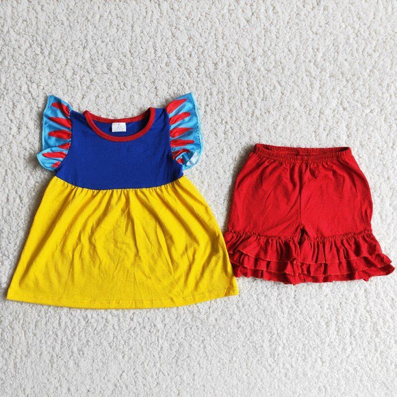 Promotional Cartoon Yellow Blue Red Ruffles Girls Shorts Sets
