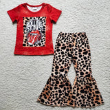 Promotional Red Leopard Print Girls Short Sleeve+Trousers Sets