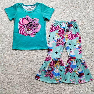 Promotional Cartoon Blue Girls Short Sleeve+Trousers Sets