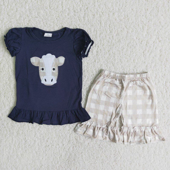 Cow Embroidery Navy Plaid Girls Shorts Sets