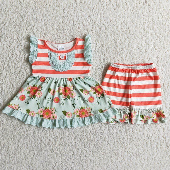 Promotional Lace Coral Floral Girls Shorts Sets