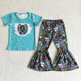 Promotional Turquoise Cactus Girls Short Sleeve+Trousers Sets