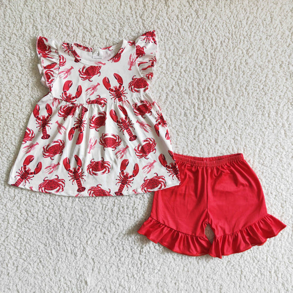 Crawfish Red White Girls Shorts Sets