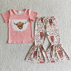 Floral Cow Pink Girls Short Sleeve+Trousers Sets