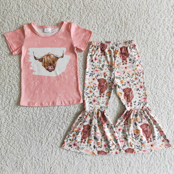 Floral Cow Pink Girls Short Sleeve+Trousers Sets