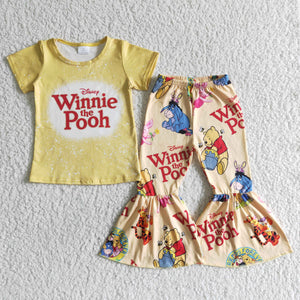 Promotional Cartoon Bear Yellow Girls Short Sleeve+Trousers Sets