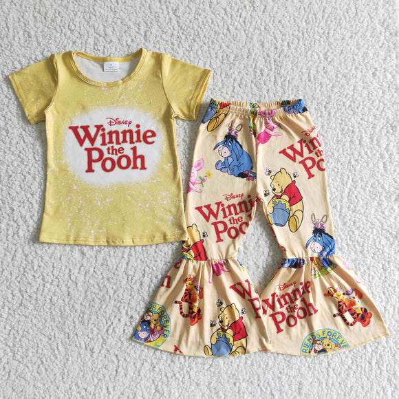 Promotional Cartoon Bear Yellow Girls Short Sleeve+Trousers Sets