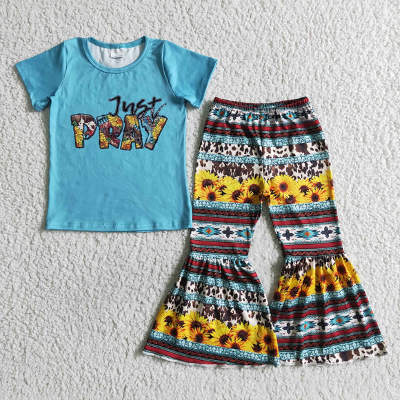 Promotional Just Pray Sunflower Girls Short Sleeve+Trousers Sets