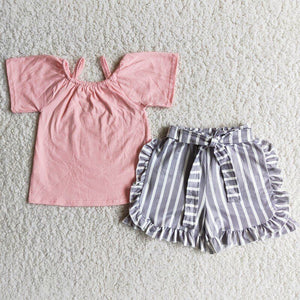 Pink Grey Stripes Girls Shorts Sets