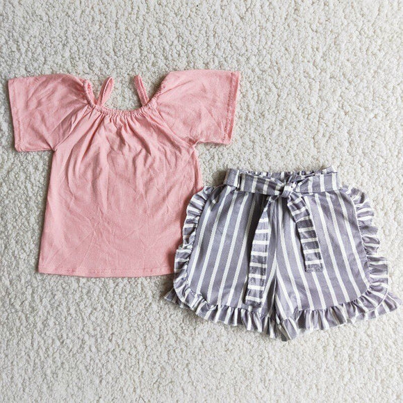 Pink Grey Stripes Girls Shorts Sets