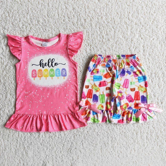 Promotional Hello Summer Popsicle Pink Girls Shorts Sets