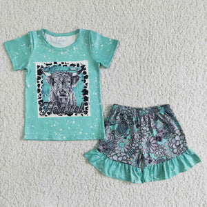 Promotional Cow Floral Aqua Girls Shorts Sets