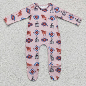 Highland Cow Aztec Pink Girls Fall Romper