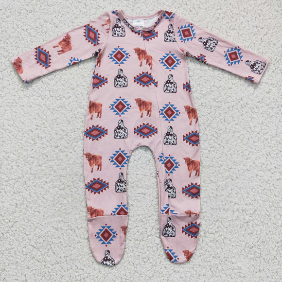 Highland Cow Aztec Pink Girls Fall Romper