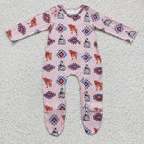 Highland Cow Aztec Pink Girls Fall Romper