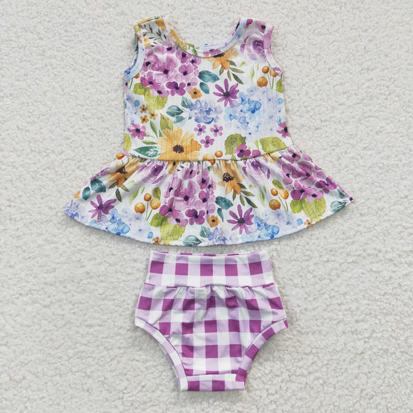 Floral Purple Plaid Bummies Sets