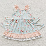 Floral Bluish Polka Dots Girls Flutter Sleeve Dress
