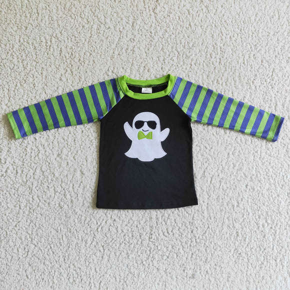 Ghost Green Purple Stripes Black Kids Halloween Top