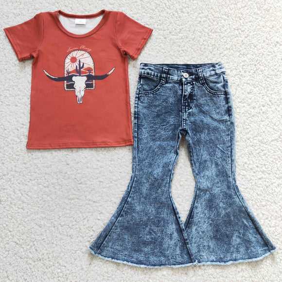 Highland Cow Red Jeans Girls Short Sleeve+Trousers Sets