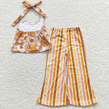 Floral Orange Stripe Banded Girls Short Sleeve+Trousers Sets