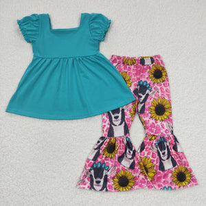 Solid Blue Cow Pink Leopard Print Girls Short Sleeve+Trousers Sets