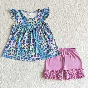Promotional Leopard Print Purple Girls Shorts Sets