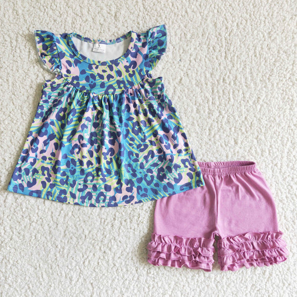 Promotional Leopard Print Purple Girls Shorts Sets