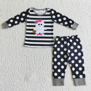 Ghost Embroidery Black White Polka Dots Girls Halloween Pajamas