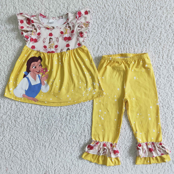 Cartoon Princess Yellow Girls Short Sleeve+Trousers Sets