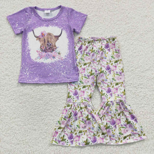 Promotional Cow Purple Floral Girls Short Sleeve+Trousers Sets