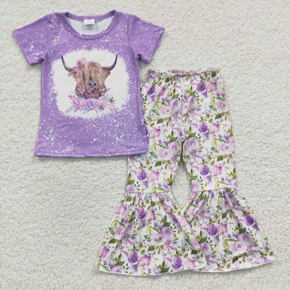 Promotional Cow Purple Floral Girls Short Sleeve+Trousers Sets
