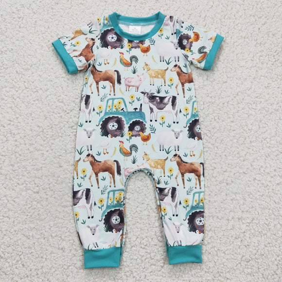 Farm Animals Tractor Sky Blue Boys Summer Romper