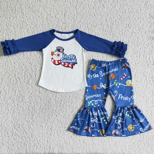 Promotional Cartoon Snowman Blue Girls Christmas Outfits