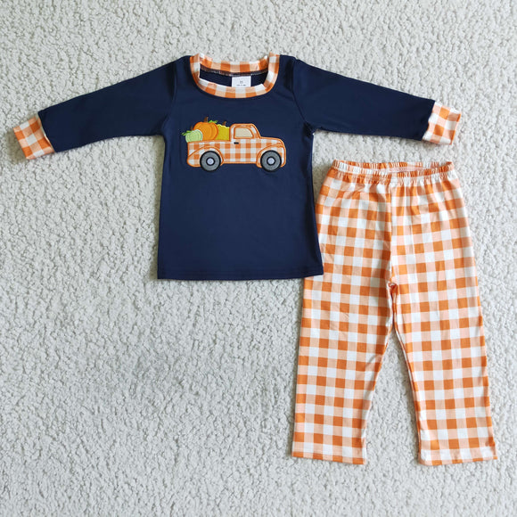 Pumpkin Truck Embroidery Navy Orange Plaid Boys Long Sleeve+Trousers Sets