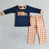 Pumpkin Truck Embroidery Navy Orange Plaid Boys Long Sleeve+Trousers Sets