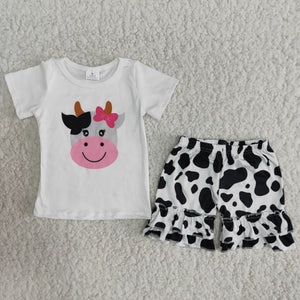 Bow Cow Print White Girls Shorts Sets