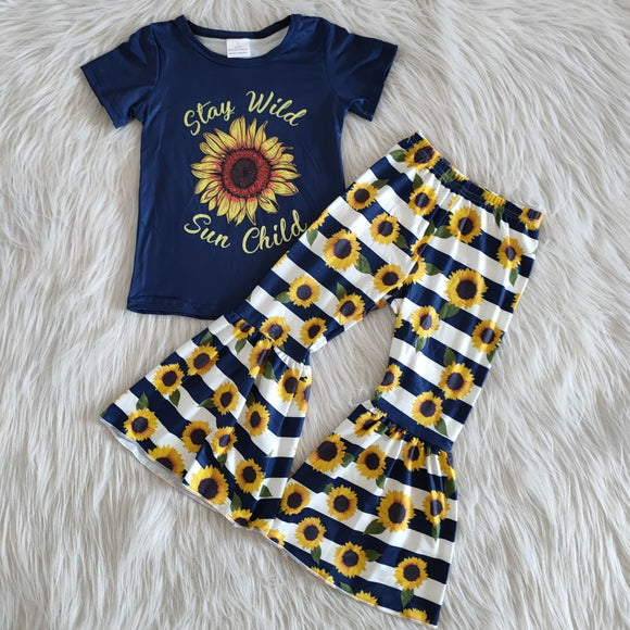 Promotional Sunflower Girls Short Sleeve+Trousers Sets