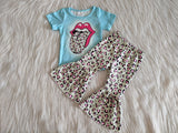 Promotional Blue Leopard Print Girls Short Sleeve+Trousers Sets