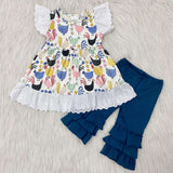 Promotional Chicken Lace Navy Girls Short Sleeve+Trousers Sets