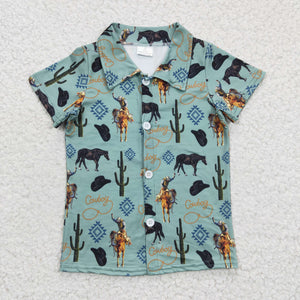 Rodeo Horse Cactus Mint Boys Short Sleeve Top