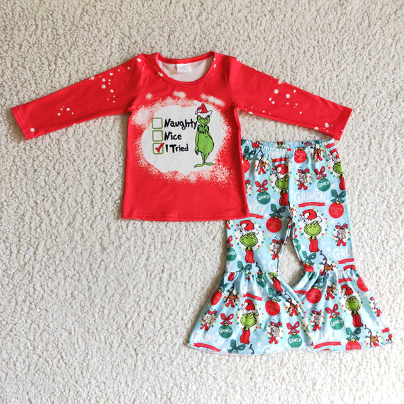Cartoon Naughty Nice Letters Red Sky Blue Girls Christmas Outfits