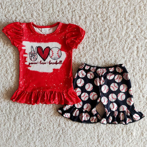 Baseball Red Black Girls Shorts Sets