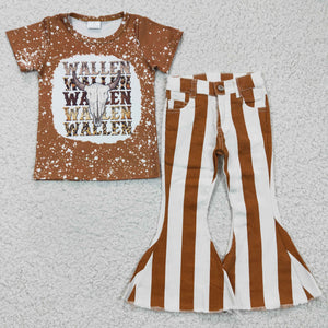 Cow Wallen Brown Jeans Girls Short Sleeve+Trousers Sets